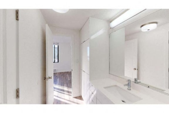 a bathroom with a sink and a mirror