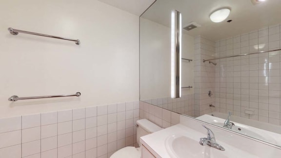 a bathroom with a sink toilet and mirror