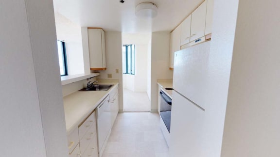 a kitchen with a stove a sink and a refrigerator