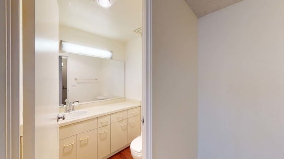 a bathroom with a toilet sink and mirror