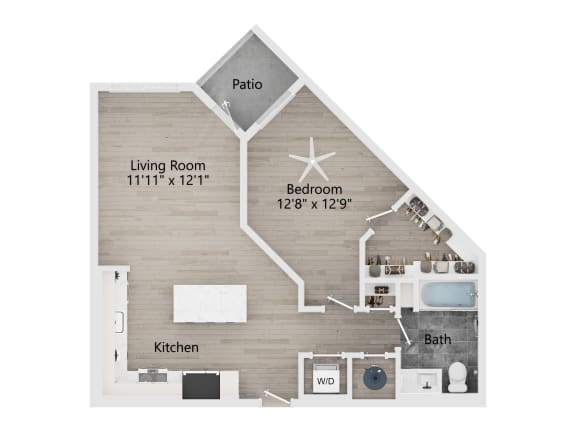 a floor plan of a living room with a bedroom and a kitchen