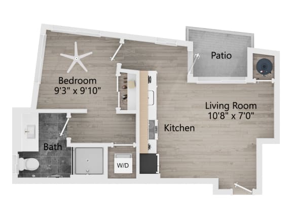 a floor plan of a living room with a bedroom and a kitchen