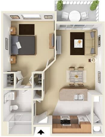 A floor plan of a small apartment with a bedroom, living room, and kitchen.