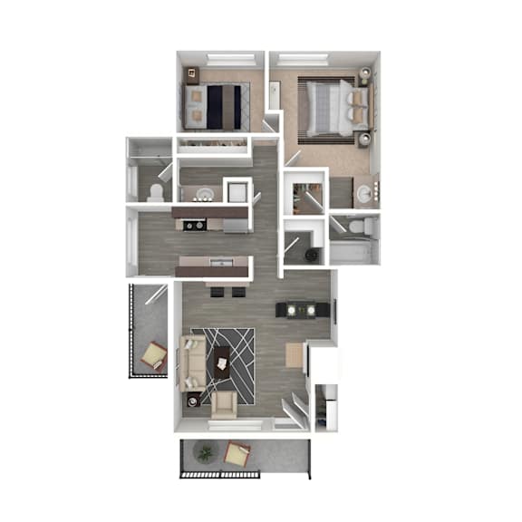 A floor plan of a house with a kitchen, living room, dining room, and two bedrooms.