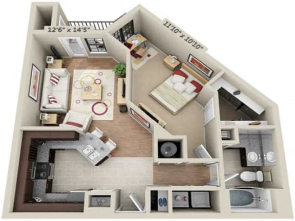 a 3d floor plan with a bedroom and a living room