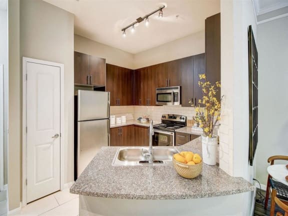 a kitchen with stainless steel appliances and a granite counter top