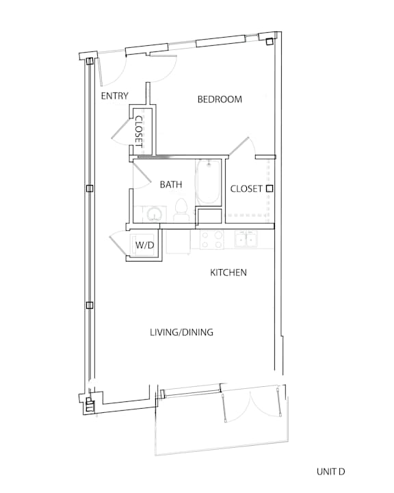 A drawing of a floor plan for Unit D shows a living/dining area, kitchen, bathroom, and bedroom.