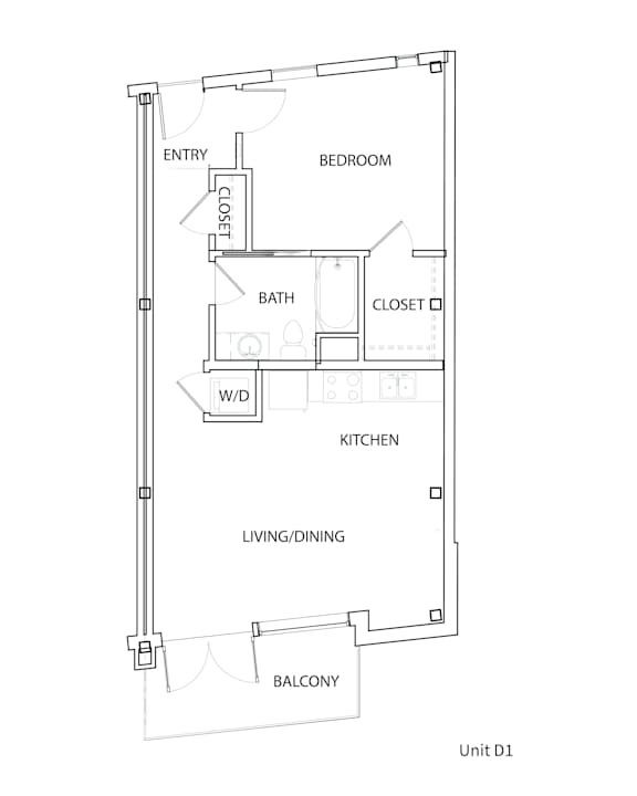 A drawing of a floor plan for Unit D1 shows a bedroom, bathroom, kitchen, living/dining area, and balcony.