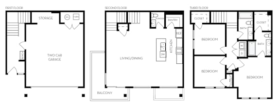 A black and white image of a floor plan for a three-story house.