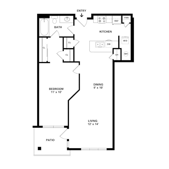 A black and white floor plan of a house with a living room, dining room, kitchen, two bedrooms, a bathroom, and a patio.