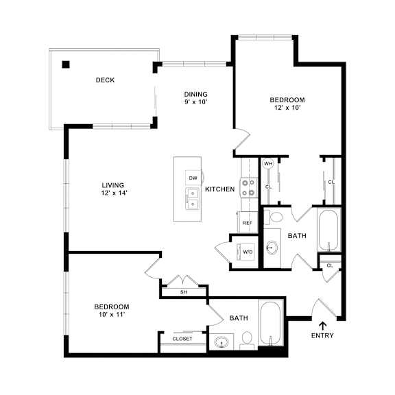 A black and white image of a house floor plan with a deck, two bedrooms, a living room, a dining room, a kitchen, a bathroom, and an entry.