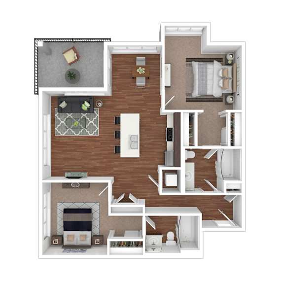 A 3D floor plan of a house with a living room, kitchen, and two bedrooms.