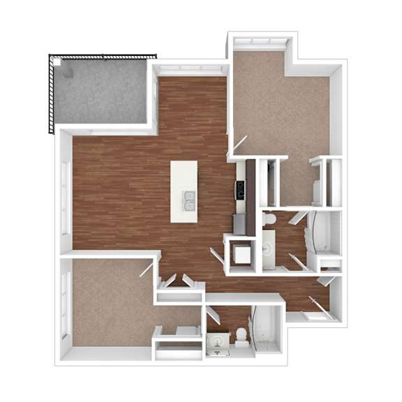 A 3D rendered image of a house layout.