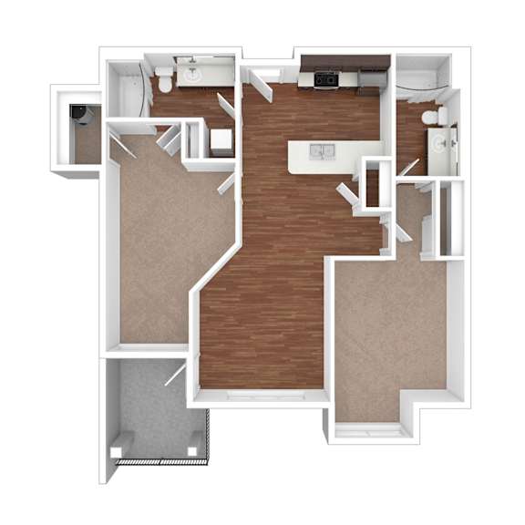 A 3D floor plan of a house with a central hallway.