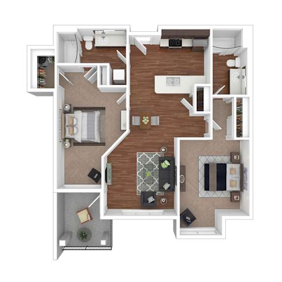 A top-down view of a house layout with a kitchen, living room, dining area, and bedrooms.