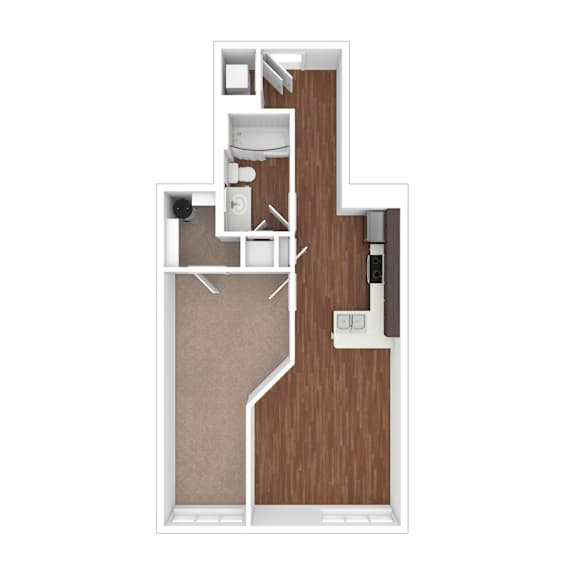 A top down view of a small apartment with a kitchen, living room and a bedroom.