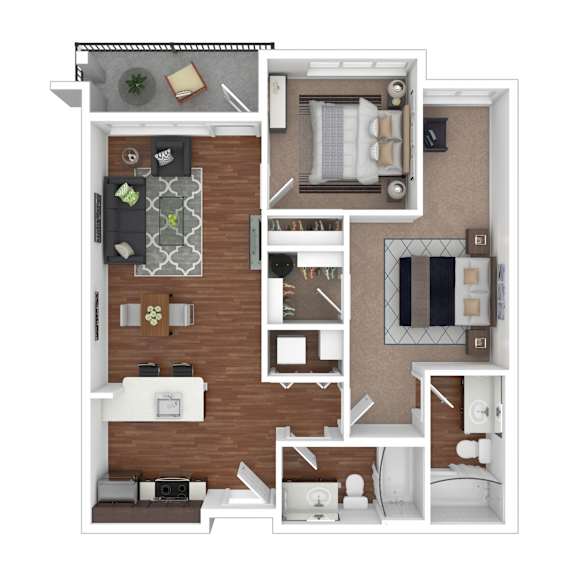 A 3D floor plan of a small apartment with a kitchen, living room, and bathroom.