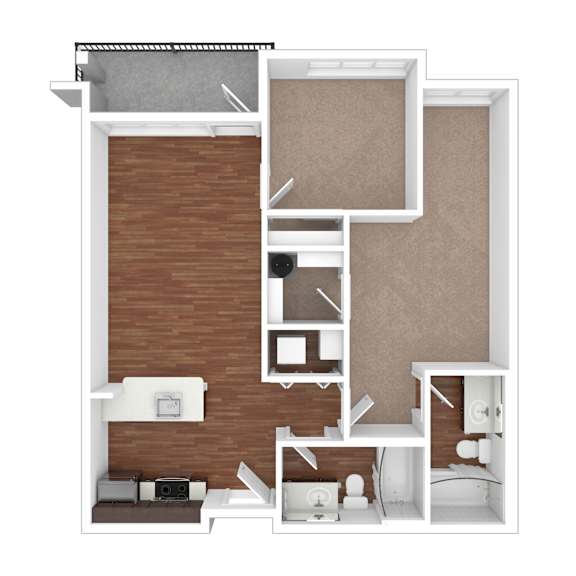 A 3D floor plan of a small apartment with a kitchen, living room, and bathroom.
