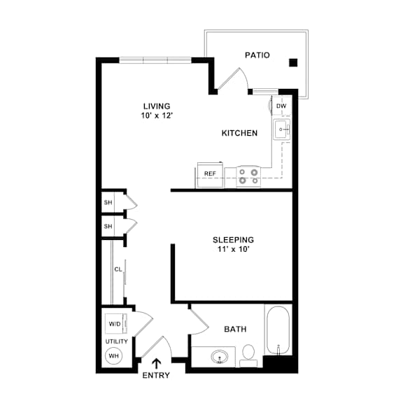 A floor plan of a home with a living room, kitchen, sleeping area, bathroom, and entry.