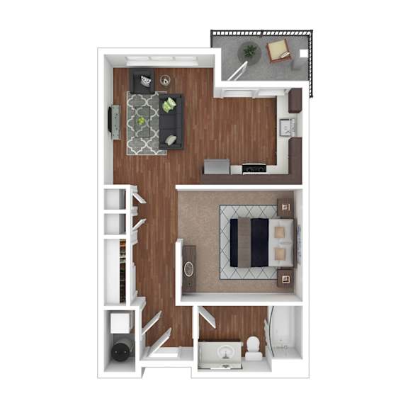 A top down view of a living room with a couch, a coffee table, a TV, and a bookshelf.