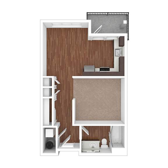 A top down view of a small apartment with a kitchen, living room and a bathroom.