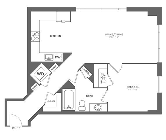 A floor plan of a home with a kitchen, living/dining area, bedroom, bathroom, closet, and entry.