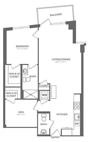 A black and white image of a house floor plan with a balcony, two bedrooms, a living/dining area, a kitchen, a bathroom, and two walk-in closets.