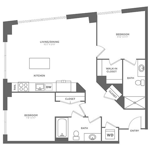 A black and white floor plan of a house with a living room, dining room, kitchen, and two bedrooms.