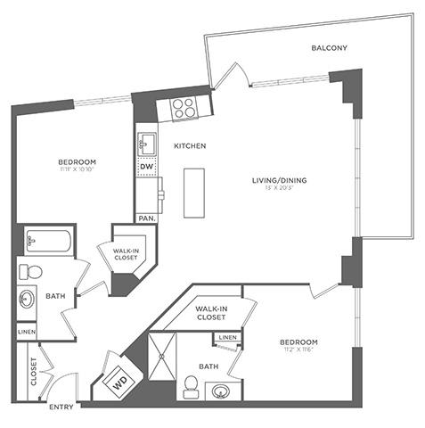A black and white image of a floor plan for a home with a balcony.
