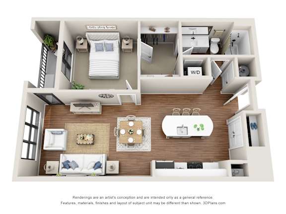 A 3D floor plan of a small apartment with a living room, kitchen, and bedroom.