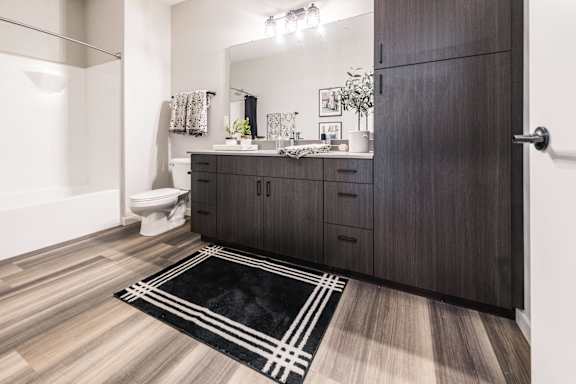 a bathroom with a black and white rug and a vanity with a toilet and sink