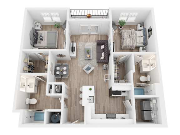 A top-down view of a modern apartment layout with a kitchen, living room, and bedrooms.