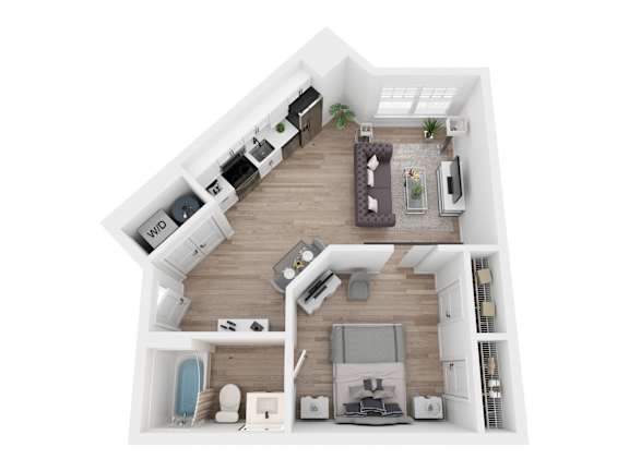 A top-down view of a house interior with a kitchen, living room, and bathroom.