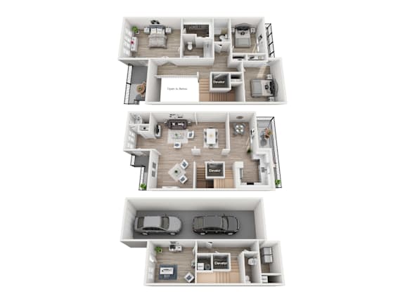 A set of three floor plans for a house with a garage and a living room.