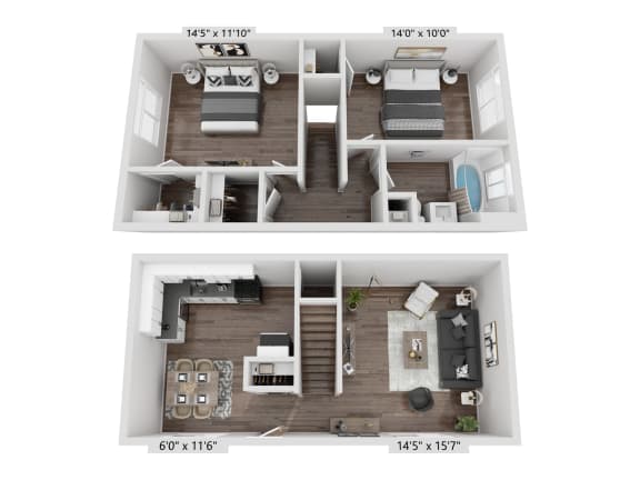 Floor Plan  a 986 Sq. Ft. floor plan of a 2 bedroom townhome