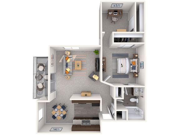 A 3D floor plan of a small apartment with a kitchen, living room, and bathroom.
