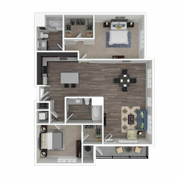 A floor plan of a house with a kitchen, living room, dining room, and bathrooms.