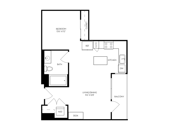 a floor plan of a bedroom apartment at VORA LUX, San Diego