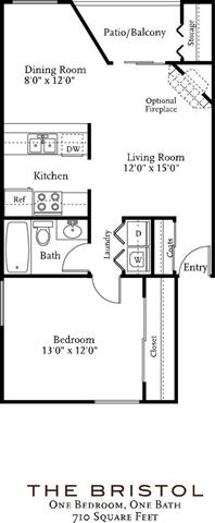 A floor plan of a one bedroom, one bath apartment.