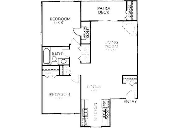 A floor plan of a home with a bedroom, bathroom, and patio deck.