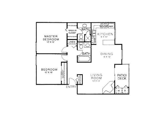 A floor plan of a home with a master bedroom, a living room, a dining room, a kitchen, a bathroom, and a patio/deck.