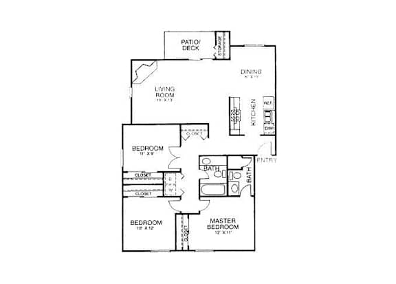 A floor plan of a house with a living room, two bedrooms, a dining room, a kitchen, a pantry, and a bathroom.