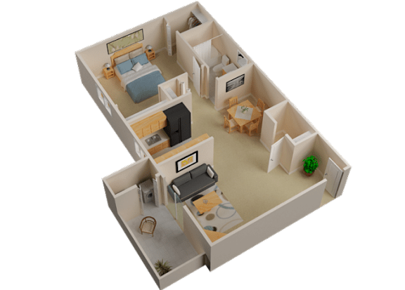A 3D model of a house layout with two bedrooms, a living room, a kitchen, and a bathroom.
