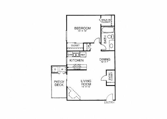 A floor plan of a house with a bedroom, living room, kitchen, dining room, bathroom and entry.
