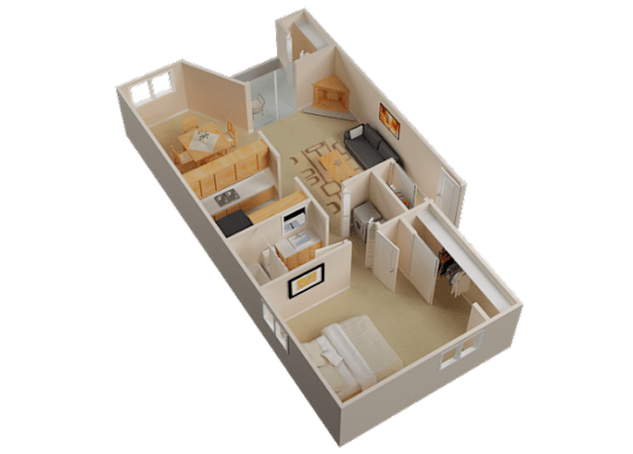 A 3D floor plan of a house with a kitchen, living room, and two bedrooms.