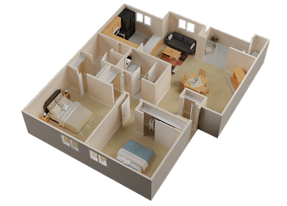 A 3D image of a house layout with a living room, dining room, kitchen, and bedrooms.