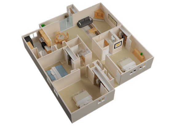 A 3D model of a house with a kitchen, living room, and two bedrooms.