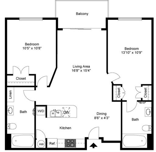 A black and white image of a floor plan for a two-bedroom apartment.