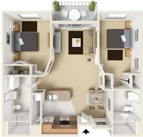 A diagram of a small apartment with a kitchen, living room, and bathroom.