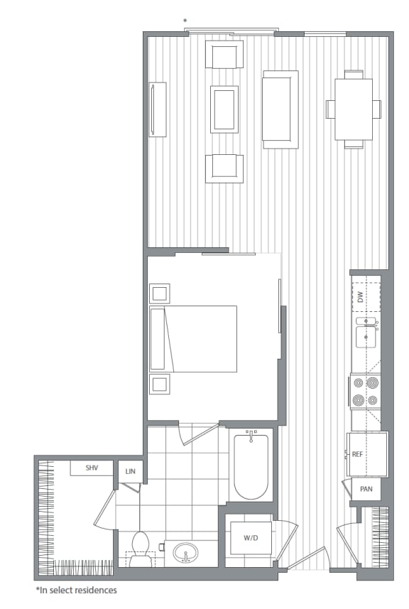 Floor Plan  One bedroom one bathroom B &#xA0;at Kinley West LA, Los Angeles, California